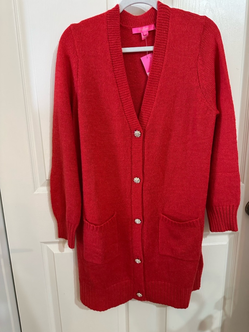 Lilly Pulitzer leonette Red Long Button front Cardigan sweater XL feminine NWT